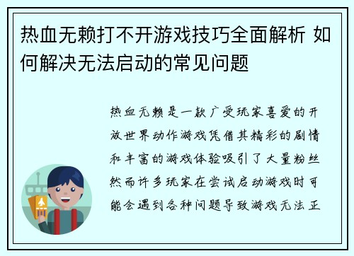 热血无赖打不开游戏技巧全面解析 如何解决无法启动的常见问题