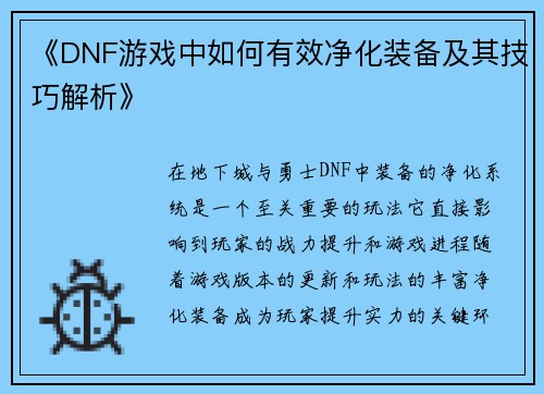 《DNF游戏中如何有效净化装备及其技巧解析》